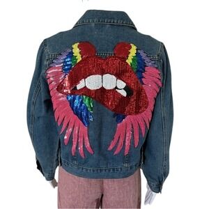 Denimland Cotton Blend Sequin Lips and Wings Blue Button Up Denim Jean Jacket M